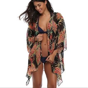 Sheer Chiffon Black Floral Kimono Cardigan CoverUp